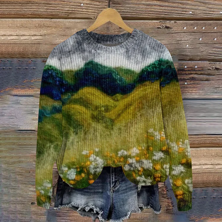 Vintage Art Mountains And Flowers Comfy Knit Sweater