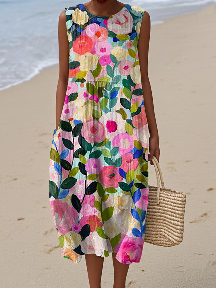 Women's Lovely Floral Pattern Art Print Sleeveless Cotton Pocket Wrap Dress