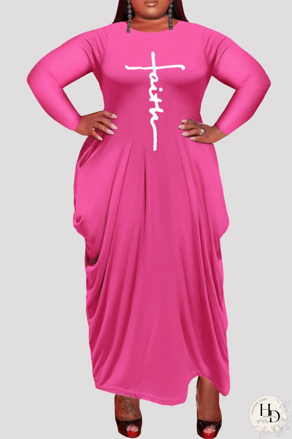 Rose Red Fashion Casual Plus Size Print Asymmetrical O Neck Long Sleeve Dresses