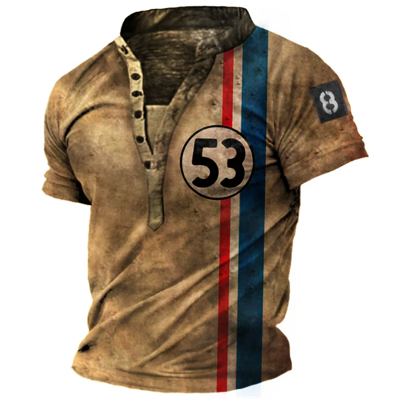 Men's Casual V-neck "53" Digital Print Slim Fit T-shirt