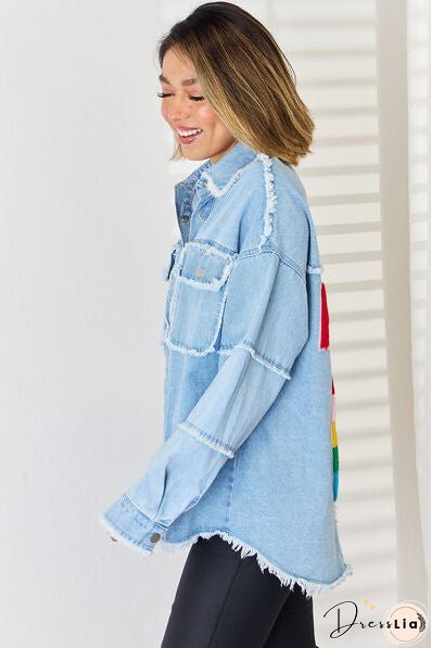 PEACE Raw Hem Dropped Shoulder Denim Top