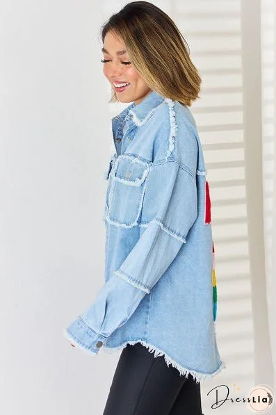 PEACE Raw Hem Dropped Shoulder Denim Top