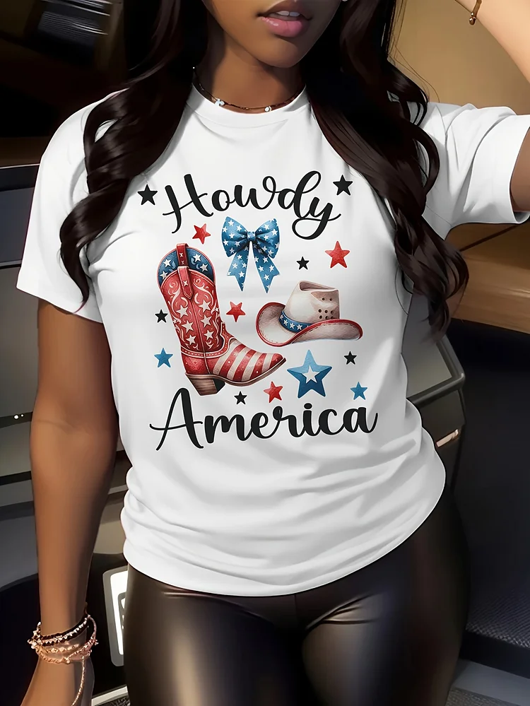 Women's Patriotic 4th Of July T-Shirt - "Howdy America" Western Graphic Tee With Cowboy Boots & Stars, Soft Stretch Round Neck Short Sleeve Top For Spring Summer Casual Wear, Ideal Gift For Her, Holiday Celebration Shirt, Star And Stripe Design