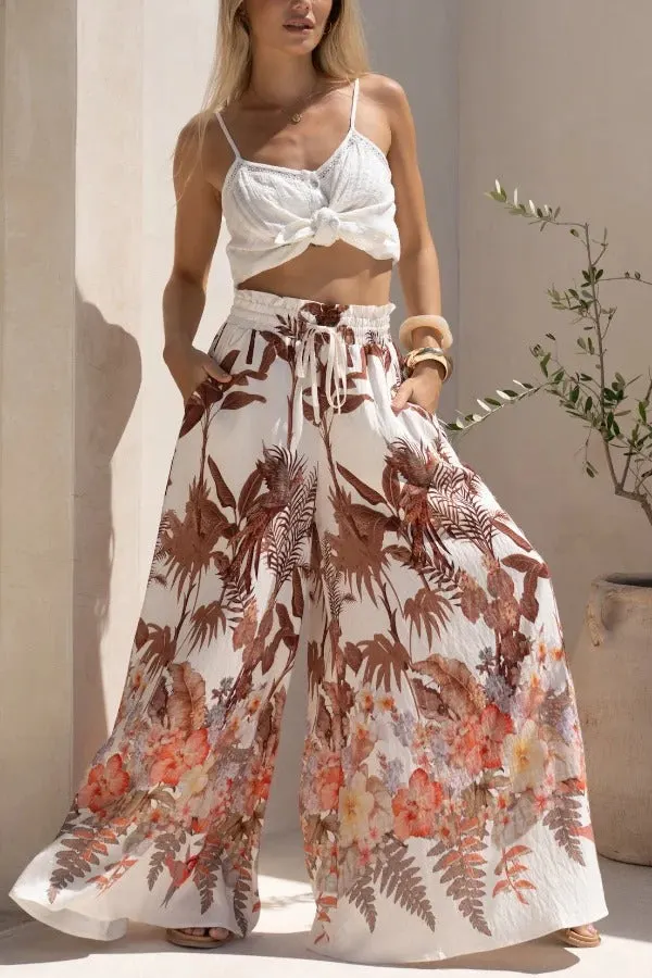 Leaf Print Casual Elastic Waist Pocket Loose Wide-leg Pants