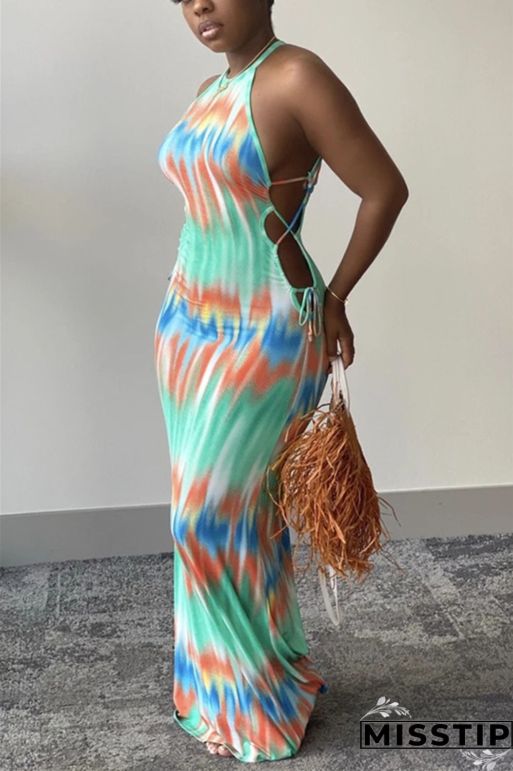 Green Sexy Fashion Tie-dye Printed Sleeveless Dress