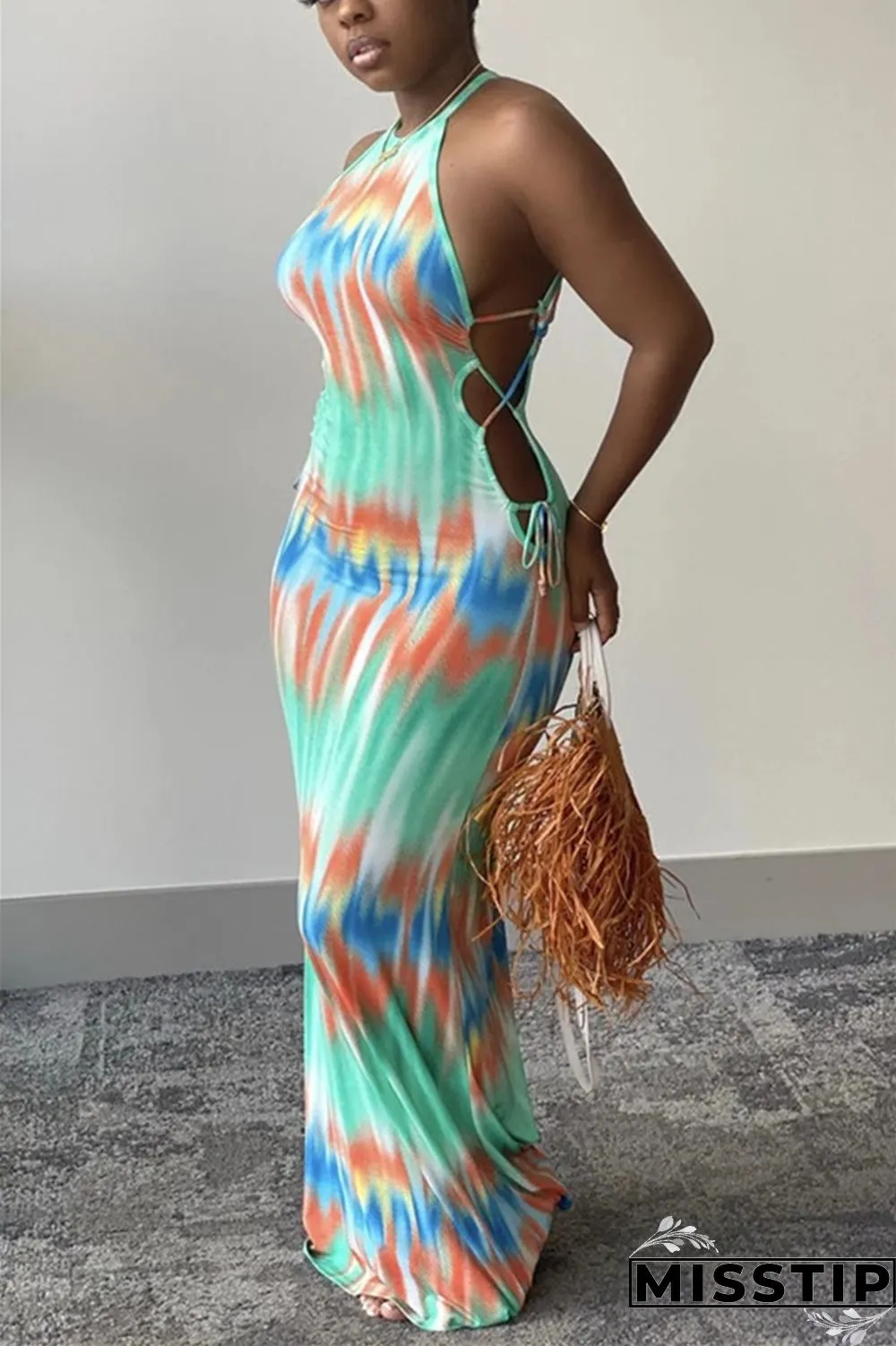 Green Sexy Fashion Tie-dye Printed Sleeveless Dress