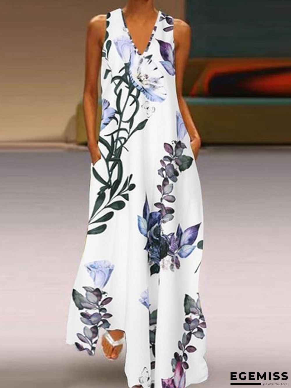Printed Deep V-neck Dress Sleeveless A-word Large Size Long Dress White Dresses | EGEMISS