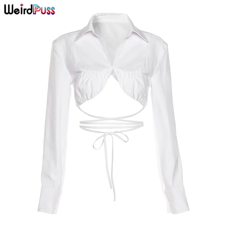 Weird Puss Cut Bandage Short T-Shirts Women Ruched Irregular Backless Tops Long Sleeve Streetwear Summer Casual Wild Clothing