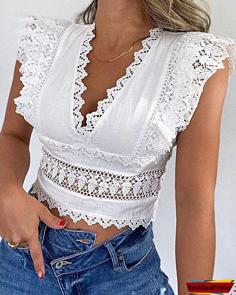 Lace Patch Hollow Out Casual Crop Top P6009677443