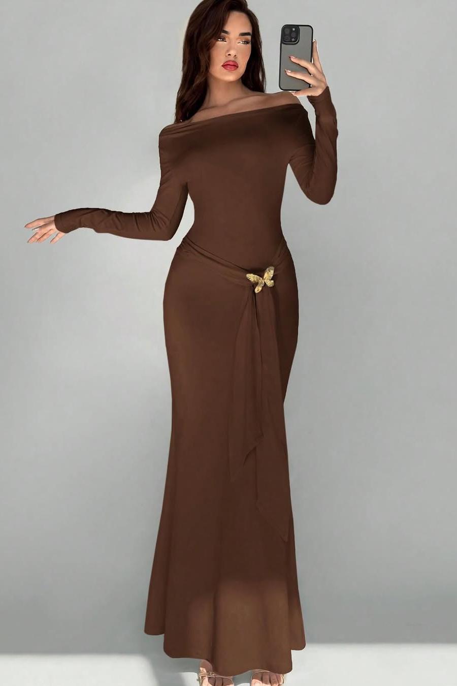 Lvs&Broner Off the Shoulder Long Sleeves Long Mermaid Prom Dress With Appliques  