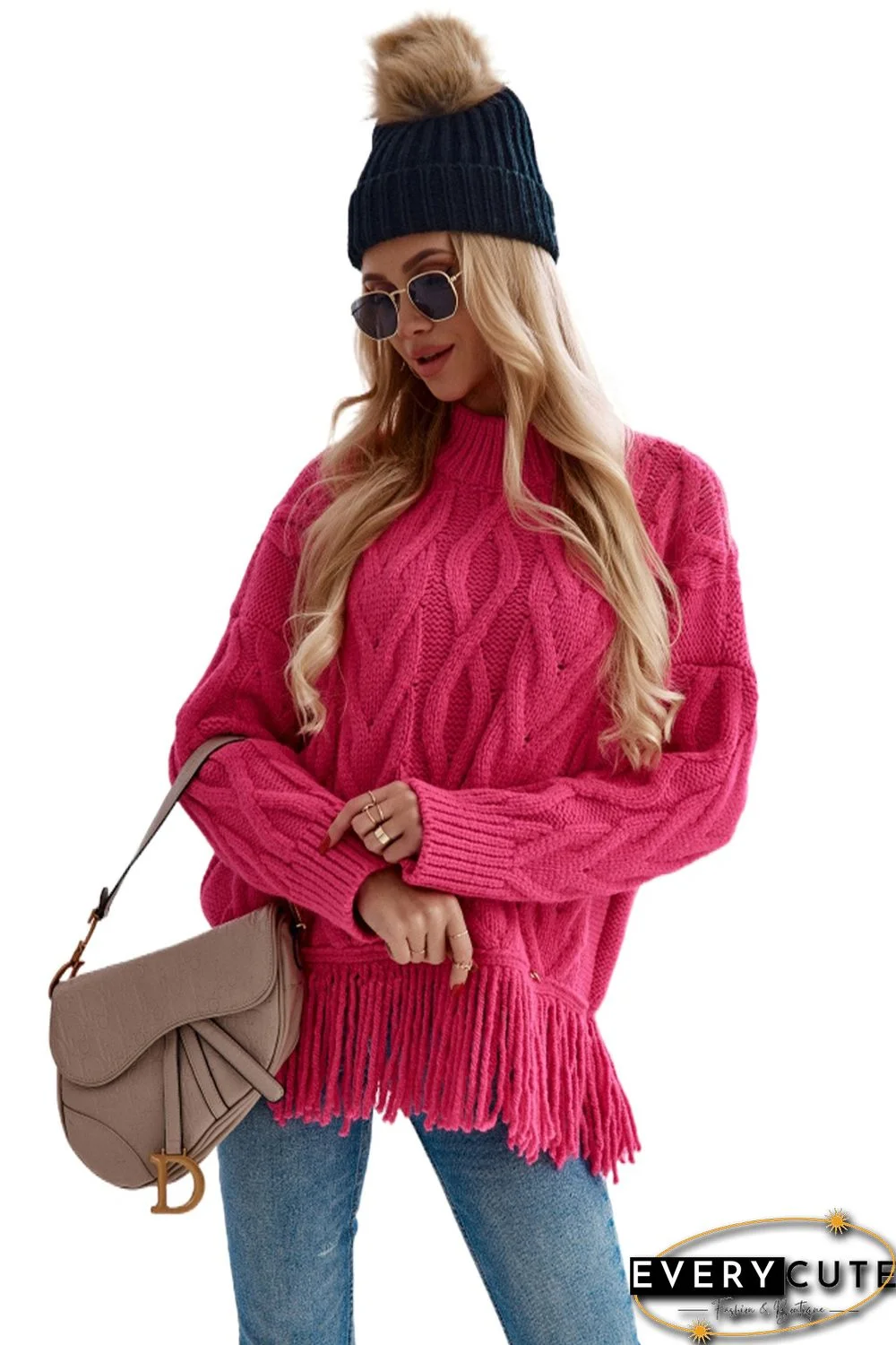 Rose High Neck Cable Knit Tasseled Sweater