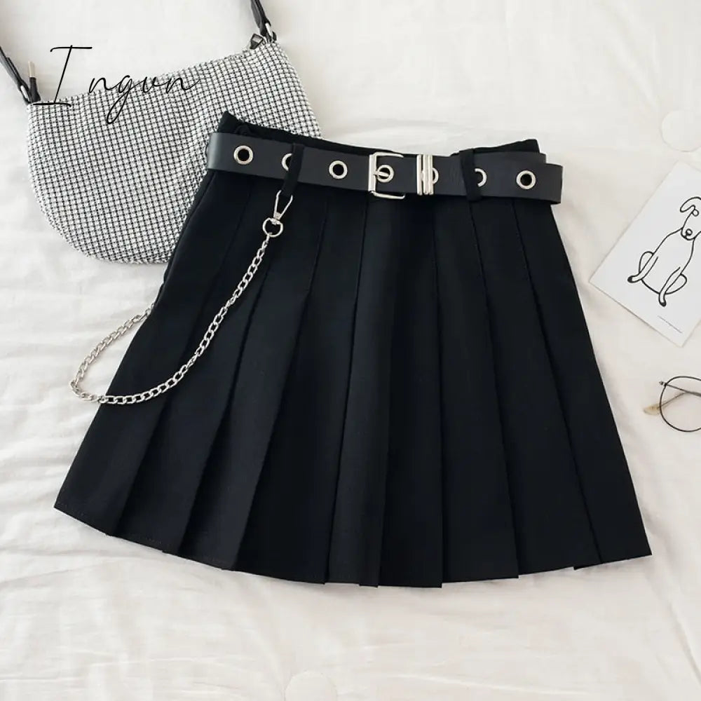 Ingvn - Black Pleated Skirt With Chain - Belt Punk Rock Girl Cheerleading Belted Mini Alt Women E -