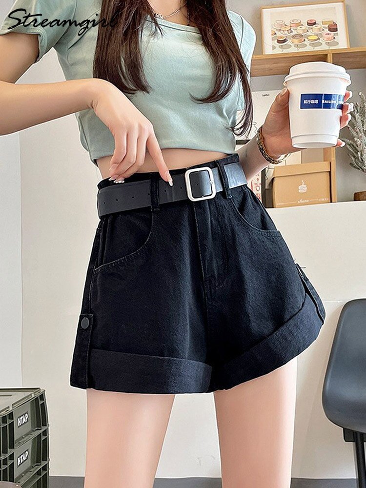 Toloer Shorts Women Denim 2022 Short Jeans Wide Leg A line Short Woman Women's Oversize High Waist Denim Shorts For Women Black
