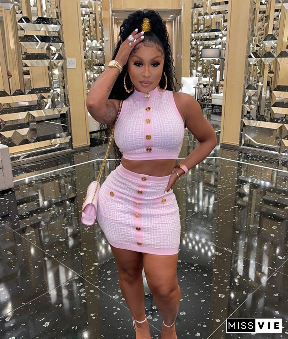 Geometric Knitted Vest Crop Tops Two Piece Skirt Sets