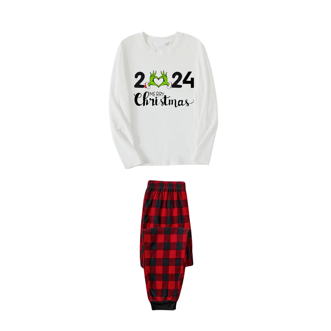 "Family Christmas 2024" Text Printed Red and Black Plaid Family Matching Pajamas
