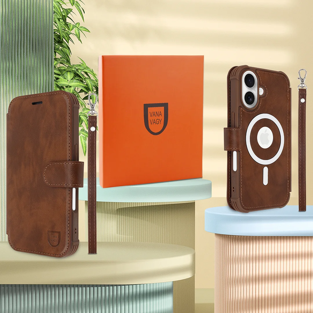 VANAVAGY Compatible for iPhone 16 Wallet Case for Magsafe Wireless Charging,Leather Flip Folio Wrist [Glass Screen Protectors & Camera Lens Protectors] with RFID Block Card Holder