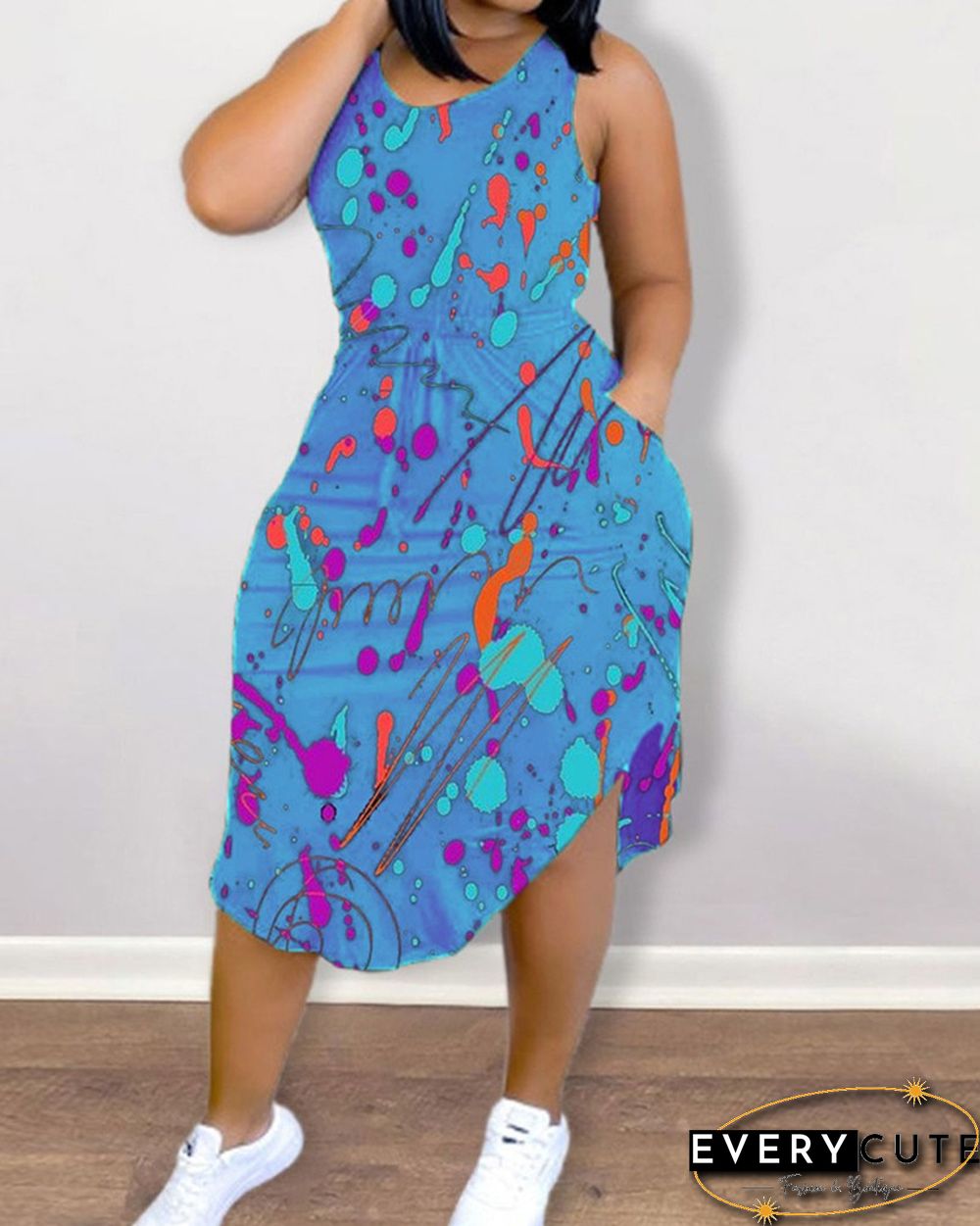 Ink Splash Print Strap Sleeveless Slim Midi Dress