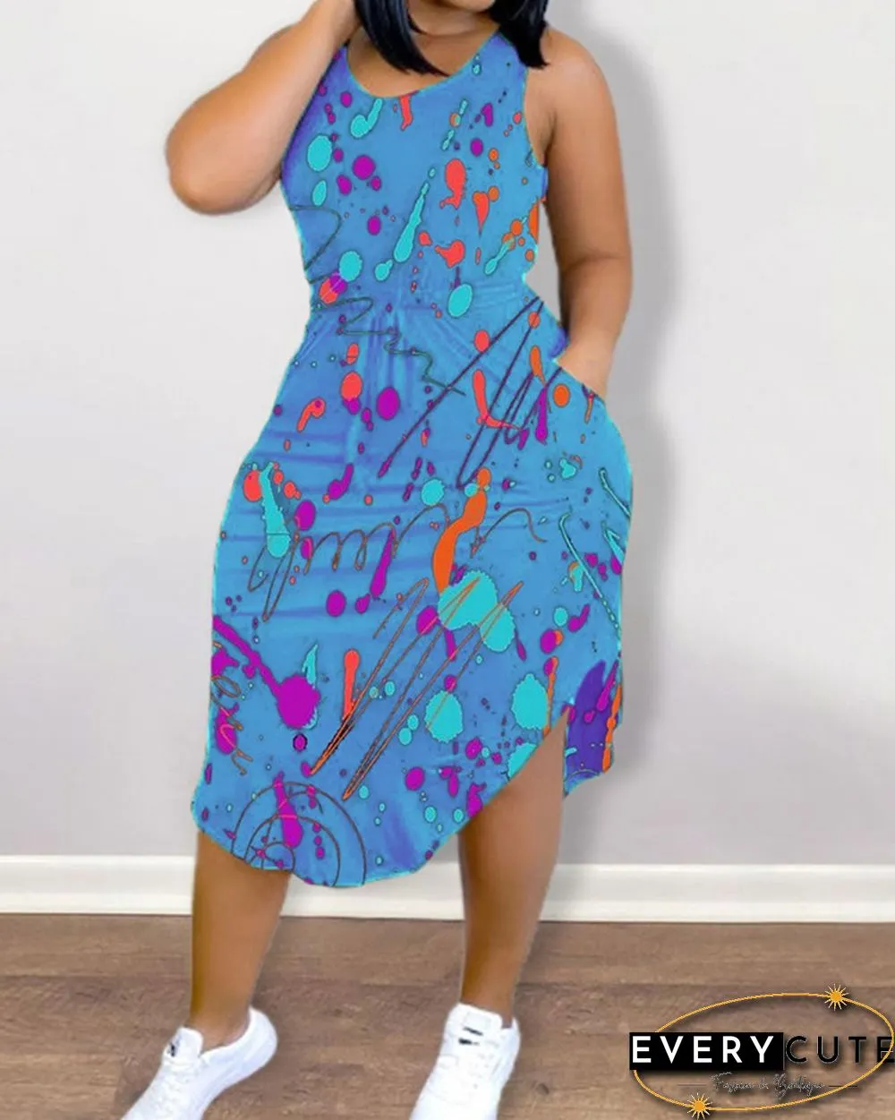 Ink Splash Print Strap Sleeveless Slim Midi Dress
