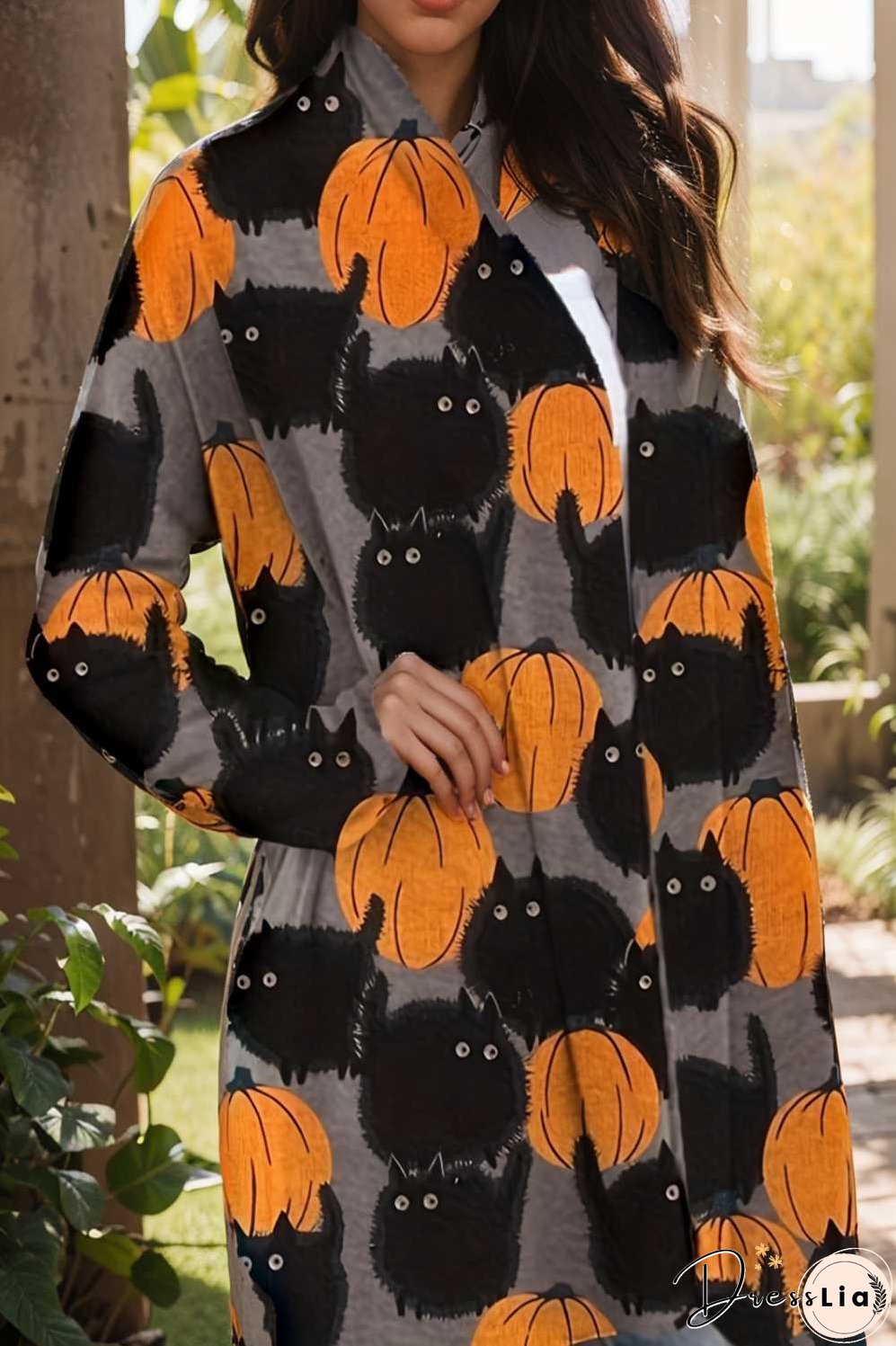 plus size halloween coat women s pus allover cat pumpkin print long sleeve open front medium stretch cardigan overcoat