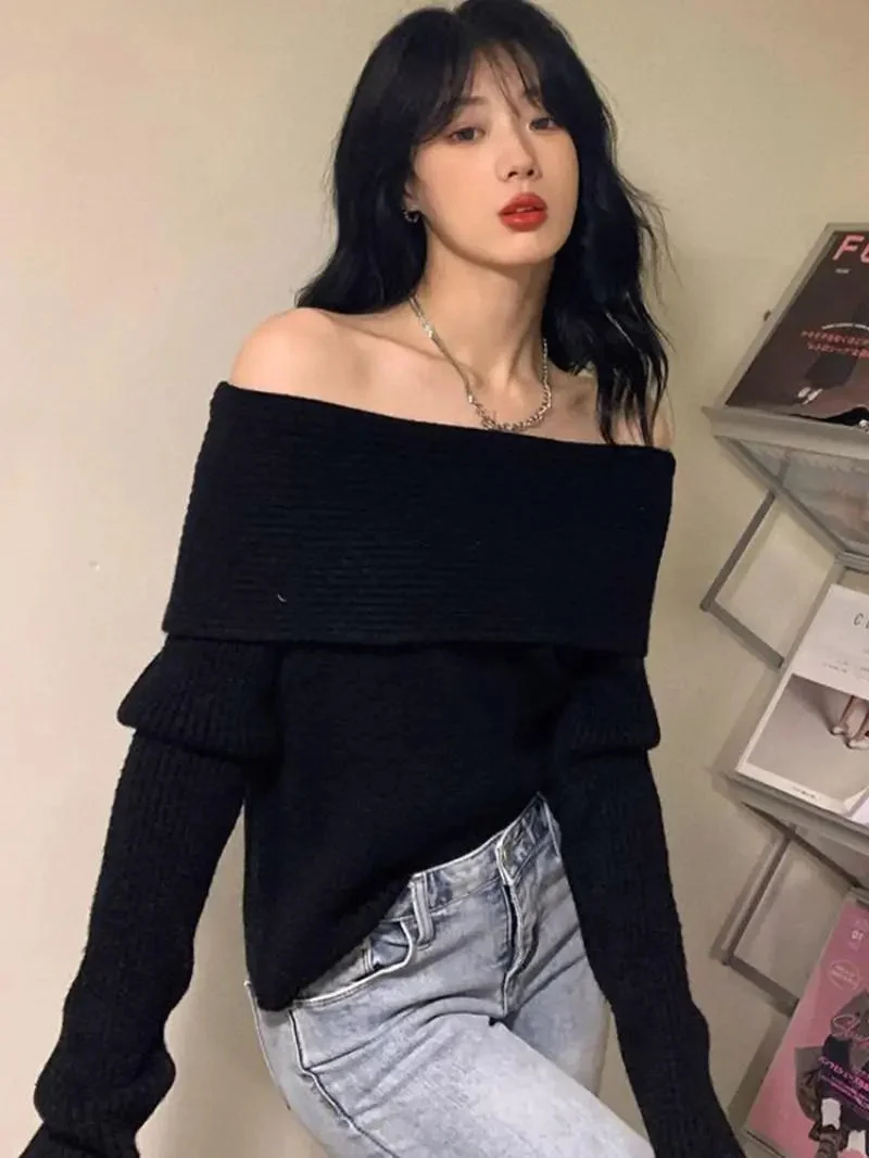 Brownm Off Shoulder Knitted Sweater
