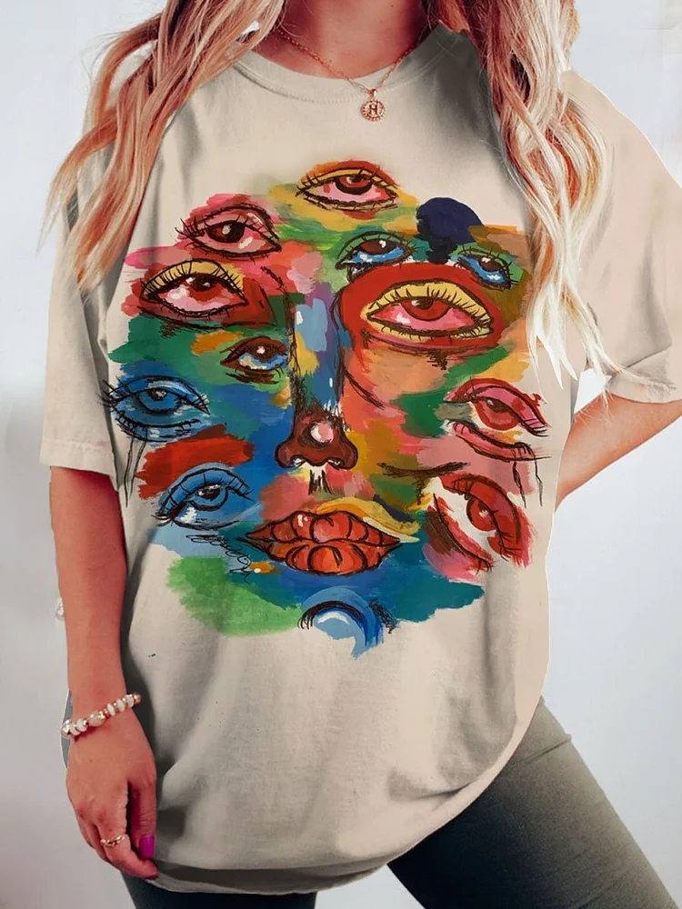 Women's Abstract Art Print Crew Neck Causl Shirt