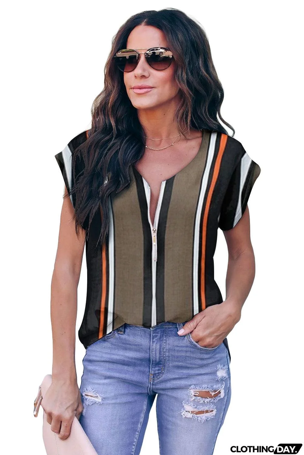 V Neck Stripes Roll up Short Sleeve Zip Up Blouse
