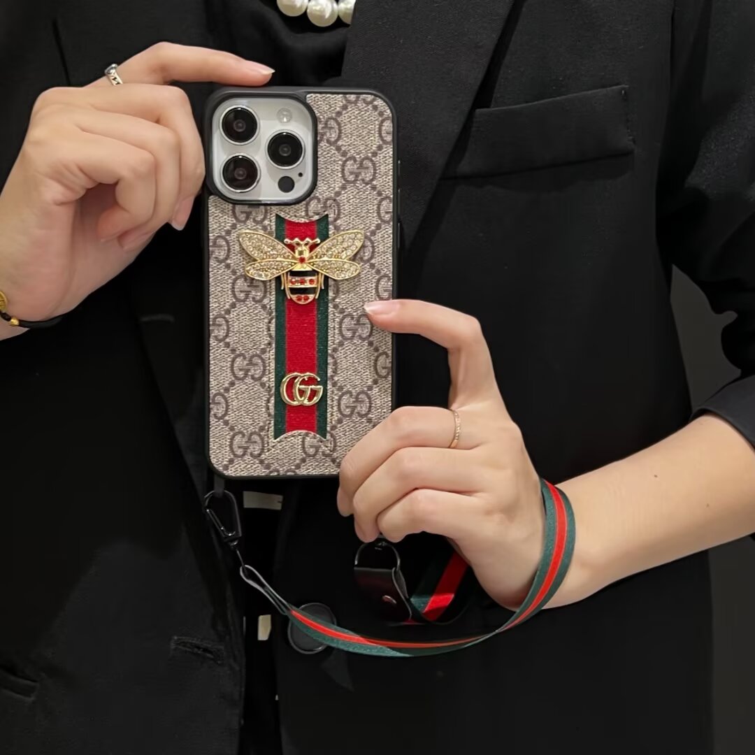 Gucci Ribbon Hand Rope 3D Bee Ophidia GG Apple iPhone16 ~11 Case Samsung Cover