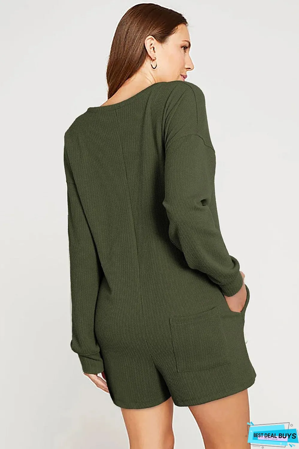 Dark Green Brushed Ribbed Button Split V Neck Long Sleeve Romper
