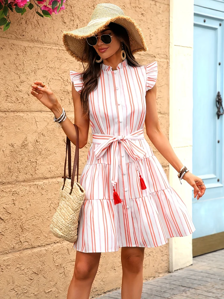 Women's Fashionable Summer Striped Dress With Ruffle Sleeves And Stand Collar - Adjustable Waist Belt, Button-Up, Perfect For Casual And Formal Occasions, Casual Dressing | Ruffle Sleeve Dress | Stand Collar Dress