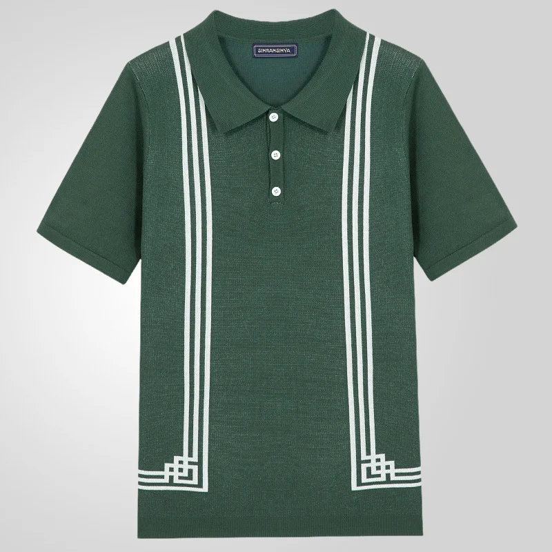 Uveng Uveng Men's Green Striped Short-Sleeved Polo Shirt Knitted Shirt Men SY0071