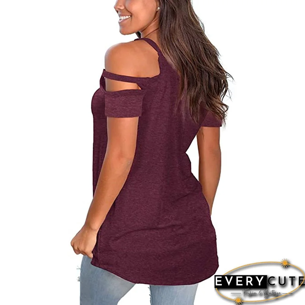 Purple Red Cotton Blend Cold Shoulder Tees