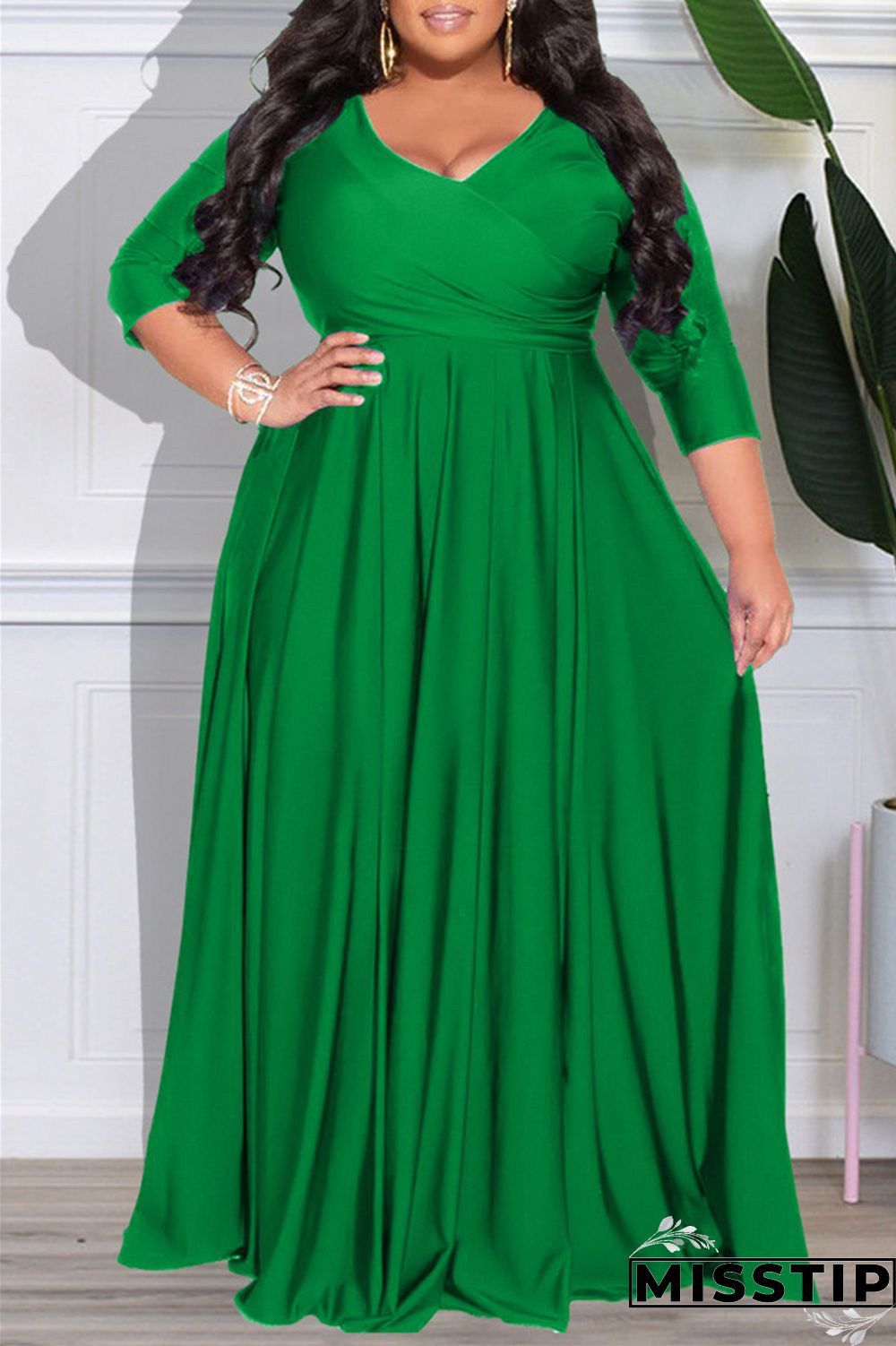 Dark Purple Casual Solid Patchwork V Neck Long Sleeve Plus Size Dresses
