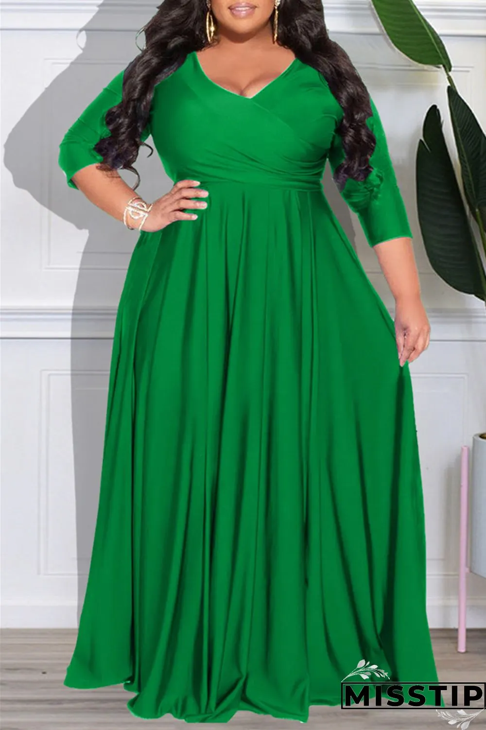 Dark Purple Casual Solid Patchwork V Neck Long Sleeve Plus Size Dresses