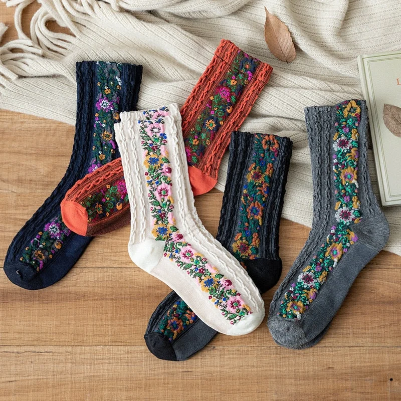 Embroidery Flower Socks Ethnic Style Women Socks Girls Female Sleeping Home Floor Bedroom Socks harajuku Casual Floral Sox 35-40