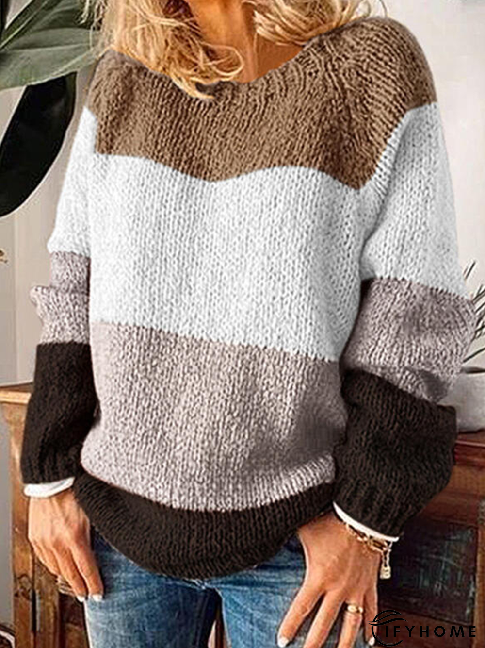 Color-block Crew Neck Long Sleeve Casual Sweater | IFYHOME