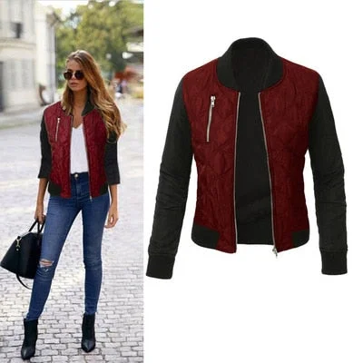 Autumn Winter Leisure Fashion Solid Women Jacket O-neck Zipper Stitching Quilted Bomber jacket 2019 New Women Coats