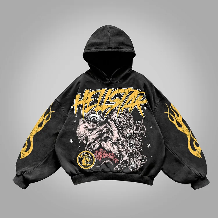 Simpfit Verwaschener Hoodie „Hellstar Multi-Eyed Monster“ mit Grafikdruck