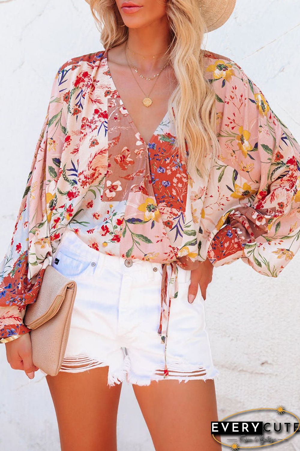 Multicolor Floral Print Patchwork Wrap V Neck Blouse