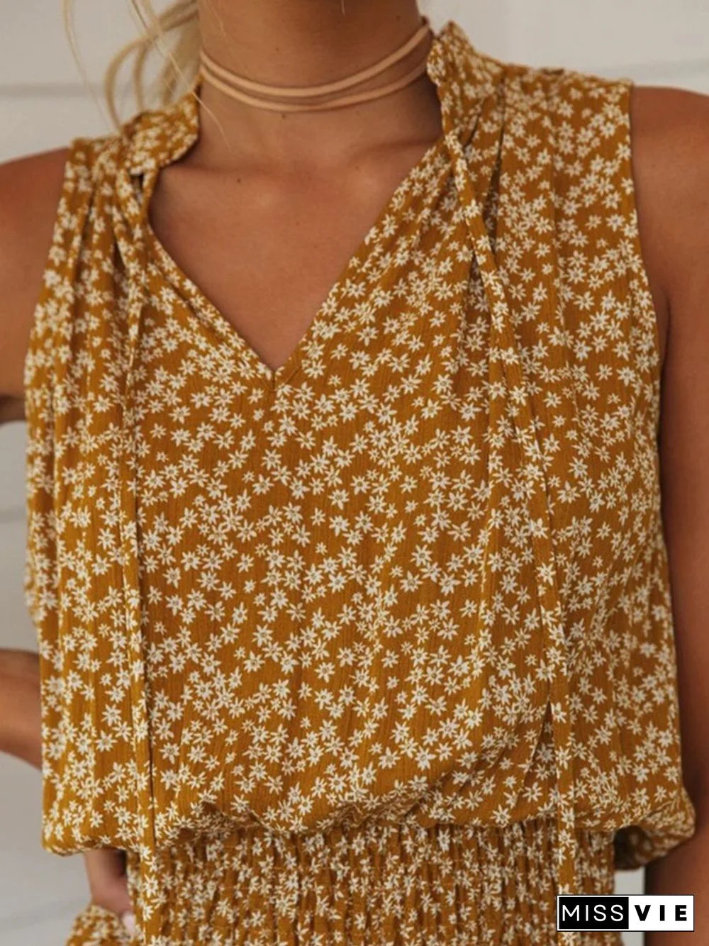 V-neck sleeveless print tie mini dress P16331