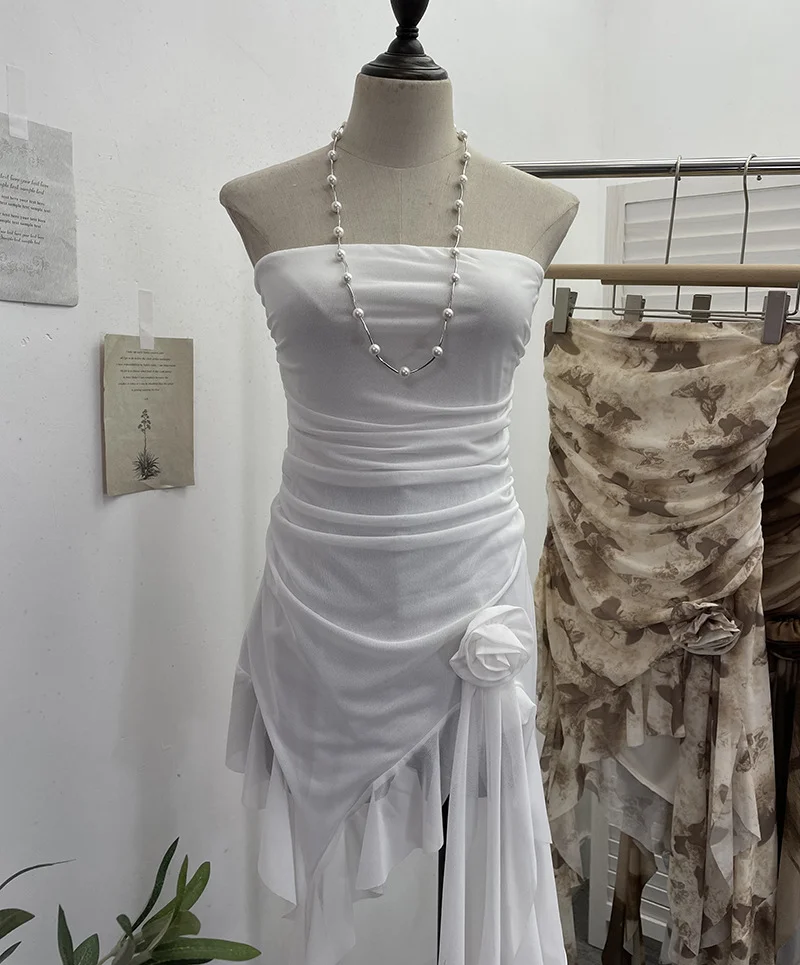 Uveng Solid Shot Tie Net Yarn Printing Irregular Ribbon Three-Dimensional Flowers Small Man With Chest Short Skirt Dress Dress 6652