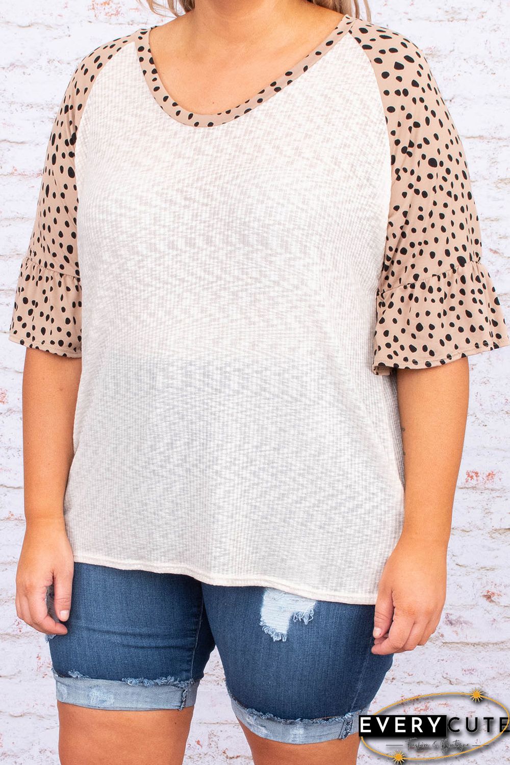 Leopard Splice Ruffle Half Sleeve Plus Size T Shirt