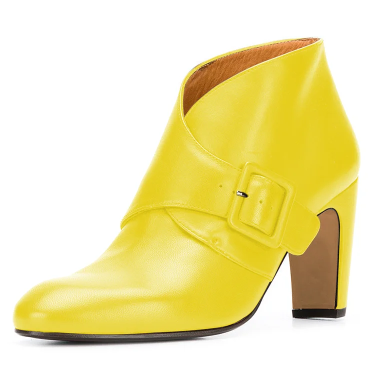 Yellow Buckle Chunky Heel Ankle Boots |FSJ Shoes