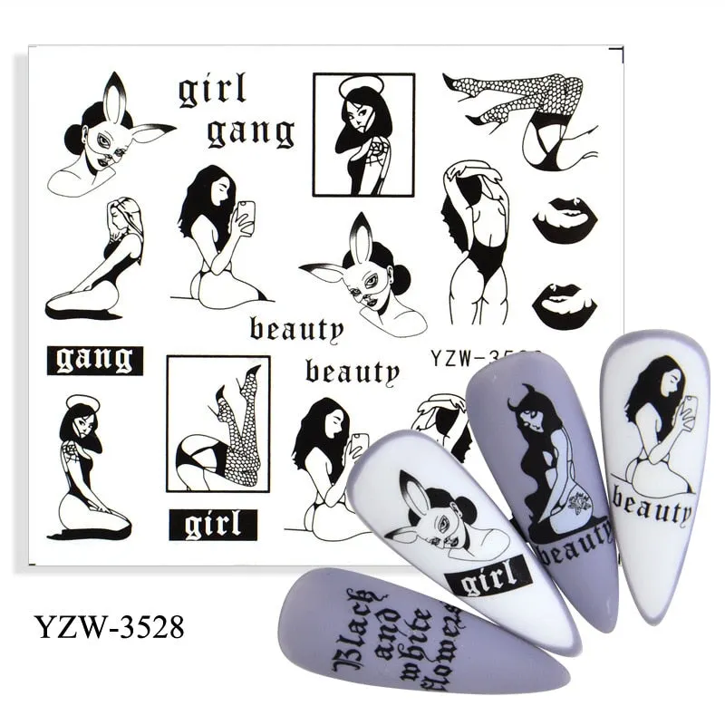 1 Sheet 3D Stickers For Nails Black Letter Leaf Flower Patterns Slider Nail Art Manicure Adhesive Tips Decals DIY Decorations-Nail Inspo