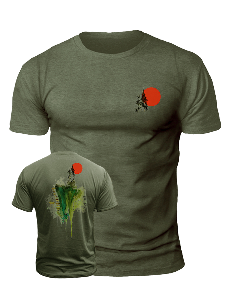 Men's Red Sun Forest Ink Painting Print Casual Short Sleeve T-shirt