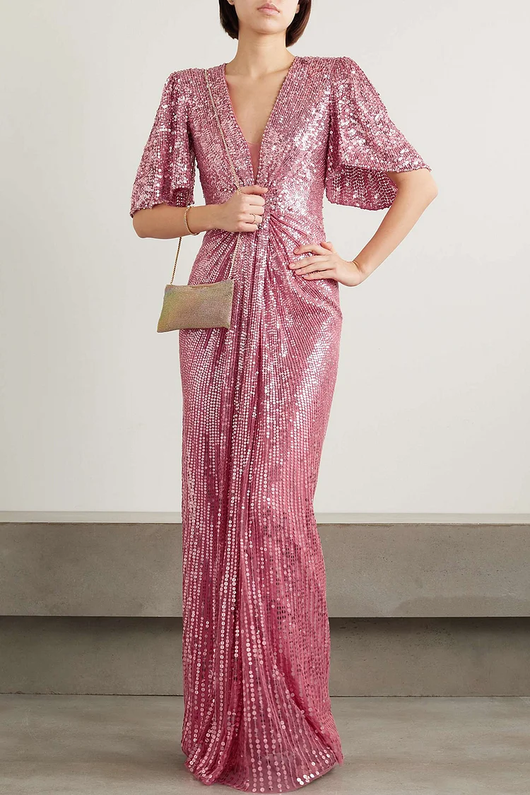Evening Crystal-Embellished Sequin Tulle Gown Maxi Dress-Pink[Pre-Order]