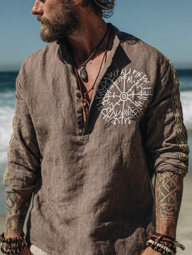 Men's Viking Celtic Knot Long Sleeve Linen Henley Shirt / Rvogue / Rvogue