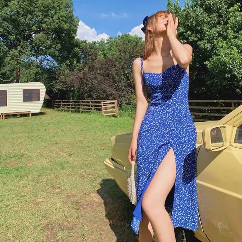 2021 Summer Beach Dress High Waist Slit Long Dress Slim Strap Flower Dress Elegant Retro Blue Dress