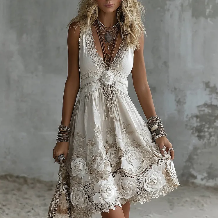 Women's Vintage White Rose Embroidered V-neck Midi Tank Dress