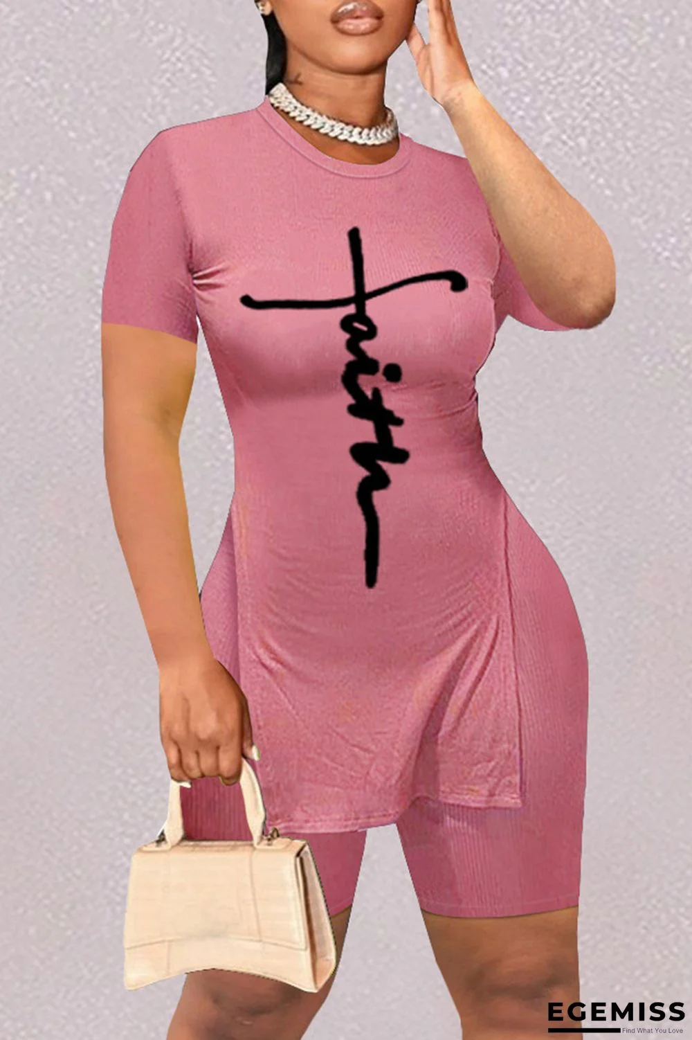 Pink Fashion Casual Print Slit O Neck Short Sleeve Two Pieces | EGEMISS
