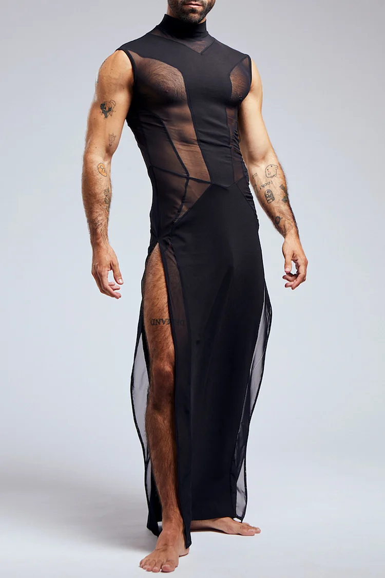 Ciciful See-Through Mesh Patchwork High Neck Split Stretchy Bodycon Maxi Dress